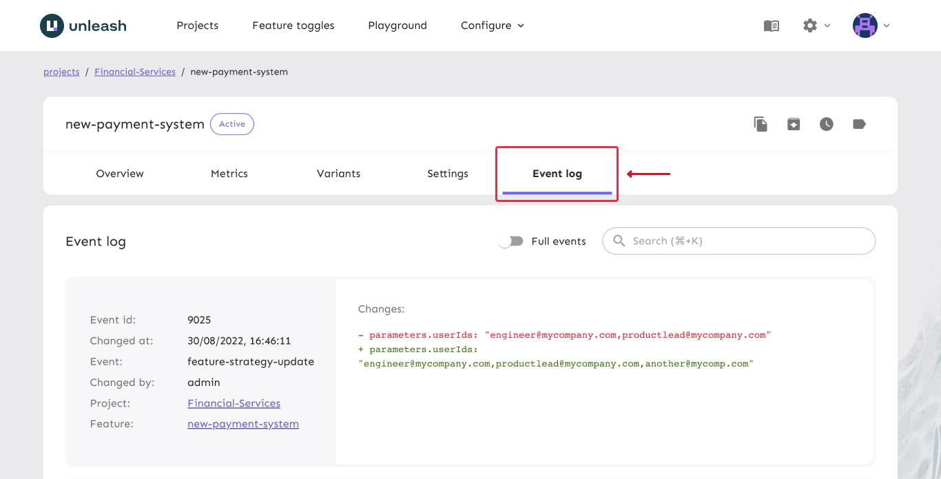 Events for a feature flag. The Event Log tab is highlighted and the UI shows the most recent changes, including a JSON diff and the change details.